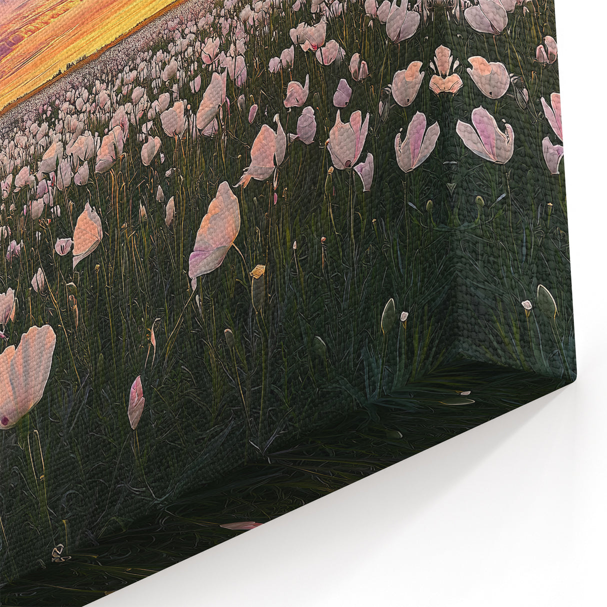 Serene Fields Art Print - Sunset Over White Flower Panorama Decor