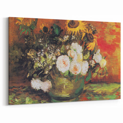 Impressionism Wall Art - Vase with Sunflowers and Roses by Van Gogh