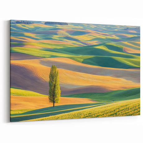 Rolling Fields Canvas Art - Vibrant Hills and Lone Tree Panorama