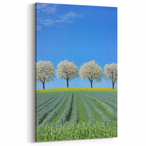 Countryside Fields Wall Hanging - Blooming Trees and Green Fields