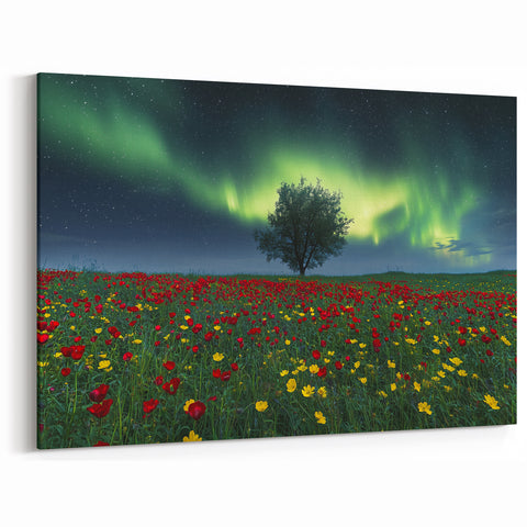Field Landscape Wall Art - Aurora Sky Over Floral Meadows Print