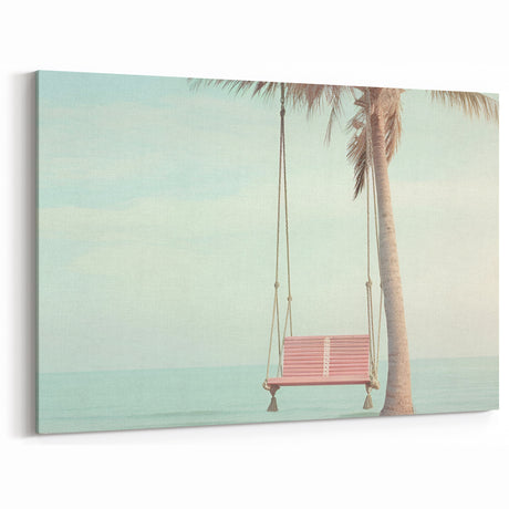 Beach Decor Prints - Pink Swing and Palm Tree Over Calm Ocean