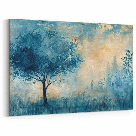 Abstract Landscape Wall Art - Blue Tree and Golden Glow