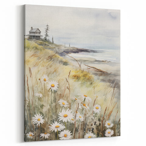 Coastal Cottage & Daisies – Vintage Landscape Wall Art