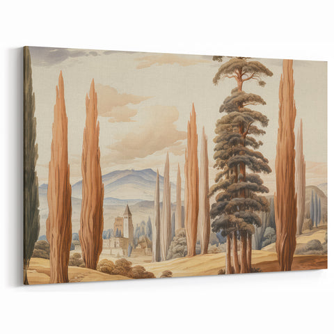 Vintage Landscape Art – Towering Cypress Trees and Scenic Castle – Antique European Wall Art
