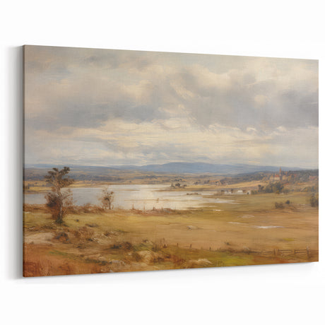 Vintage Landscape Art – Serene Countryside with River and Village – Antique Rural Scene Wall Art