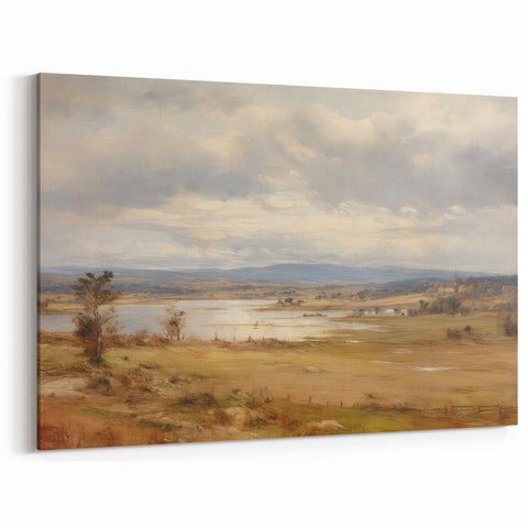 Vintage Landscape Art – Serene Countryside with River and Village – Antique Rural Scene Wall Art