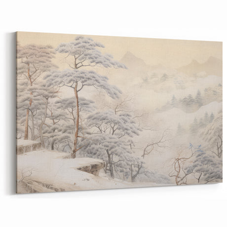 Vintage Landscape Art – Snowy Mountain Pines in Mist – Antique Winter Forest Wall Art