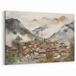 Vintage Landscape Art – Misty Mountain Village with Traditional Architecture – Antique Asian Wall Art