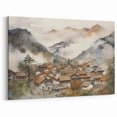 Vintage Landscape Art – Misty Mountain Village with Traditional Architecture – Antique Asian Wall Art