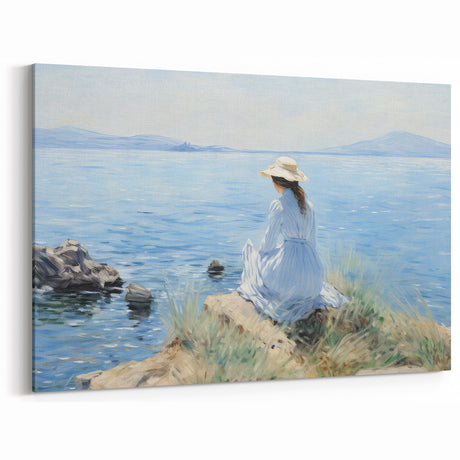 Vintage Landscape Art – Seaside Serenity with Lady in Blue Decor
