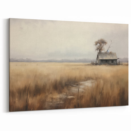 Vintage Landscape Art – Abandoned Farmhouse and Golden Fields Decor
