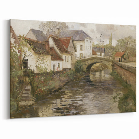 Vintage Landscape Art – Quaint Village and Stone Bridge Decor