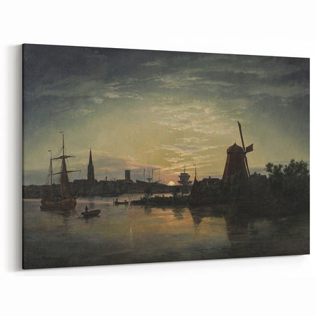 Vintage Sunset Harbor Art - Sailboats and Windmill Canvas