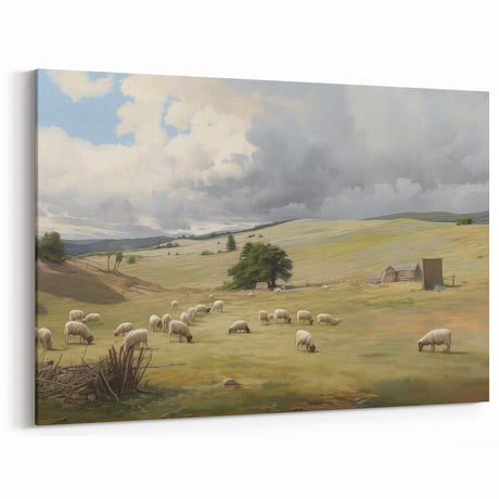 Vintage Pastoral Art - Sheep Grazing on Countryside Canvas