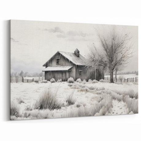 Vintage Landscape Art - Snowy Barn with Bare Trees for Home Decor
