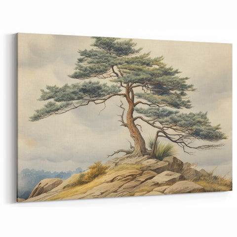 Vintage Landscape Art - Windswept Pine Tree on Rocky Hill