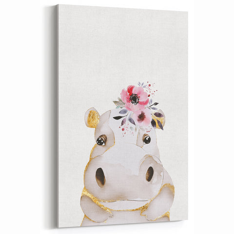 Floral Baby Hippo Girls Room Wall Art – Nursery Print