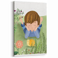 Calm Boys Room Wall Art – Child Relaxing with Snail and Flowers