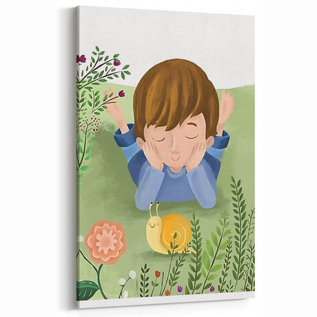 Calm Boys Room Wall Art – Child Relaxing with Snail and Flowers