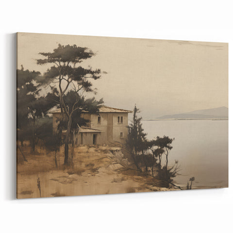 Vintage Landscape Art - Coastal House with Trees
