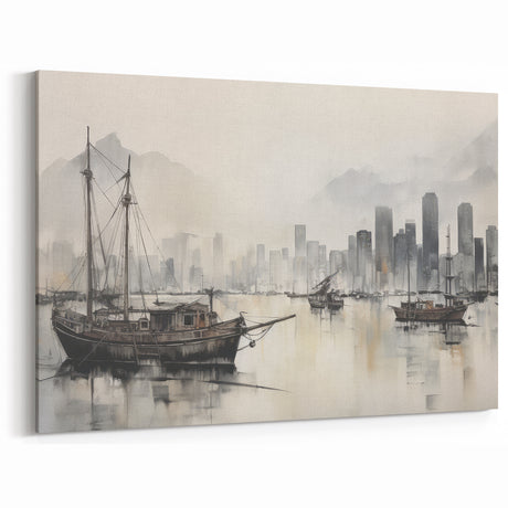 Vintage Landscape Art - Ships in Harbor with City Skyline