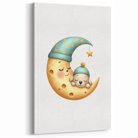 Personalized Kids Art - Sleeping Moon & Puppy Nursery Print
