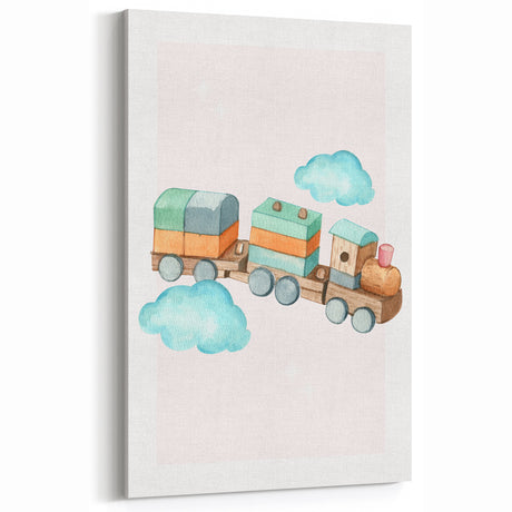 Girls Room Wall Art - Wooden Train & Clouds Kids Room Art
