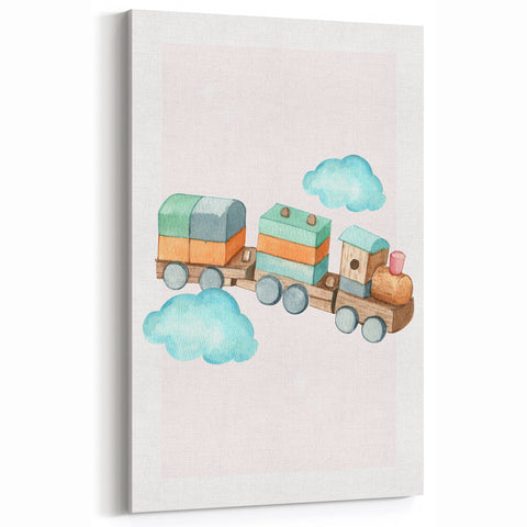 Girls Room Wall Art - Wooden Train & Clouds Kids Room Art
