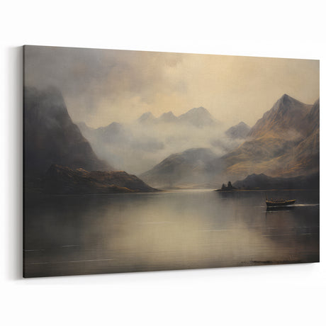 Vintage Landscape Art – Misty Mountain Lake Canvas for Tranquil Decor