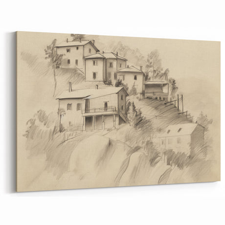 Vintage Landscape Art – Sketch Village Canvas for Rustic Decor