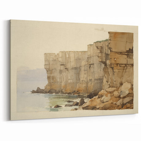 Vintage Landscape Art - Coastal Cliff View with Soft Watercolors