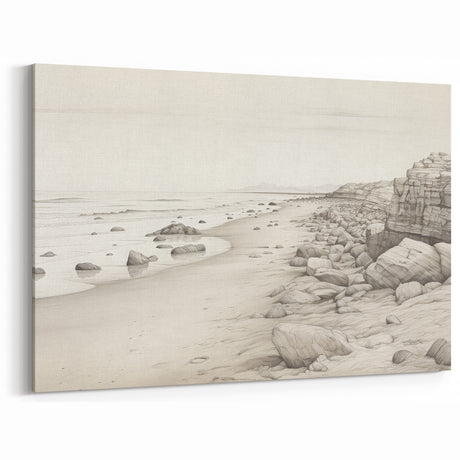 Vintage Landscape Art - Coastal Rocks and Beach in Black and White Ink