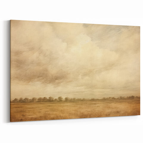 Vintage Landscape Art - Soft Sky Over Tranquil Field with Trees