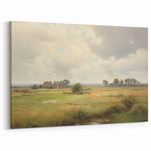 Vintage Landscape Art - Tranquil Country House and Lush Fields