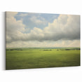 Vintage Landscape Art - Lush Green Fields Under Dramatic Clouds