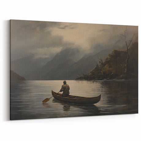 Vintage Portrait Art | Solitary Canoeist on Misty Lake Scene