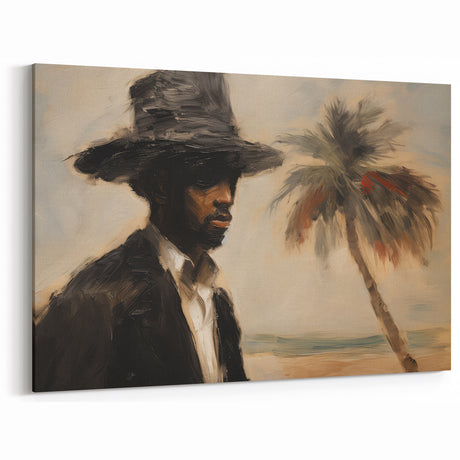 Vintage Portrait Art | Man by Palm Tree in Coastal Setting