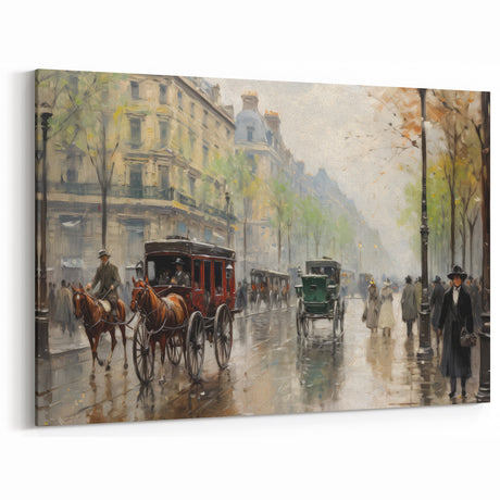 Vintage Portrait Art | Bustling Paris Street Scene in Rain