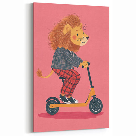 Children's Wall Decor – Cool Lion on Scooter Illustration Print