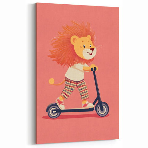 Lion on Scooter Illustration for Kids -  Playroom Wall Art
