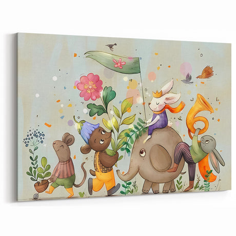 Whimsical Animal Parade Girls Room Wall Art - Playful Nursery Print