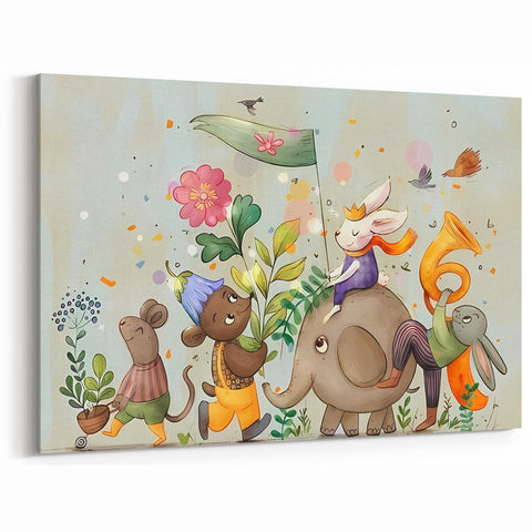 Whimsical Animal Parade Girls Room Wall Art - Playful Nursery Print