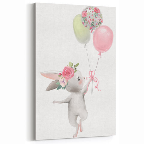 Floating Bunny with Balloons Wall Art - Whimsical Nursery Print