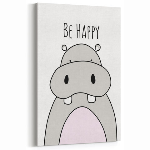Be Happy Hippo Nursery Wall Art – Baby Room & Kids Decor Print