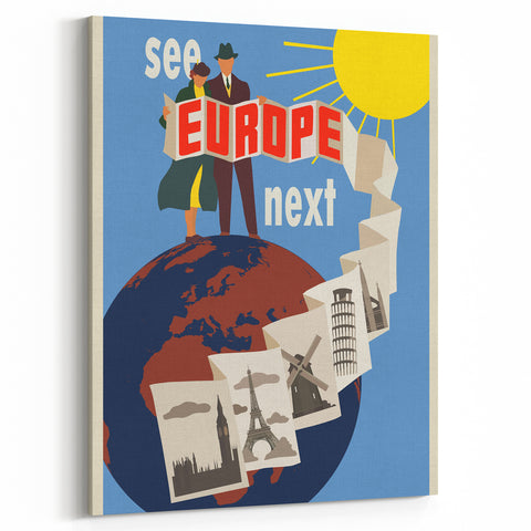 Retro Europe Travel Poster – Vintage Landmarks & Adventure Art