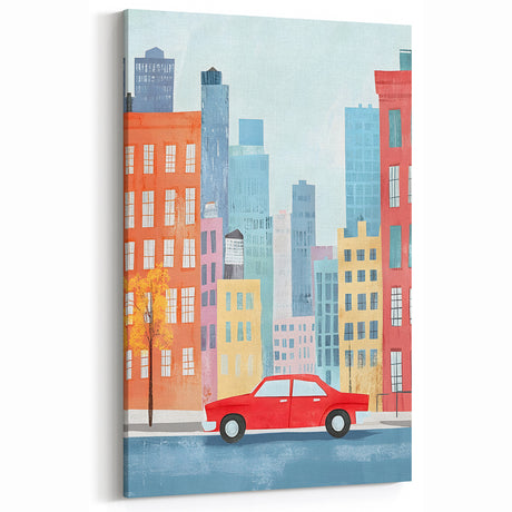 Cityscape Red Car Nursery Wall Art – Kids Room & Baby Decor