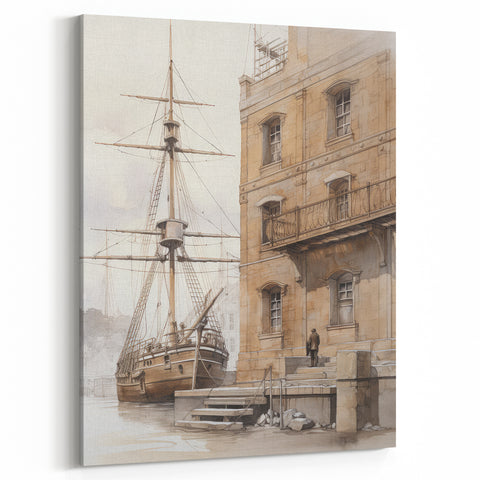 Architectural Wall Art: Historic Dock and Ship Illustration