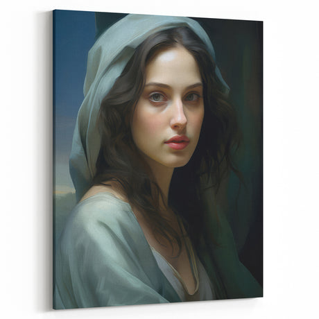 Vintage Portrait Art – Elegant Woman in Soft Draped Hood Wall Print