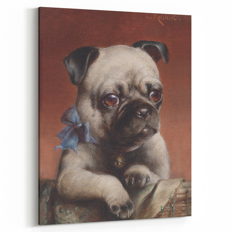 Vintage Animal Art – Adorable Pug with Bow in Classic Portrait